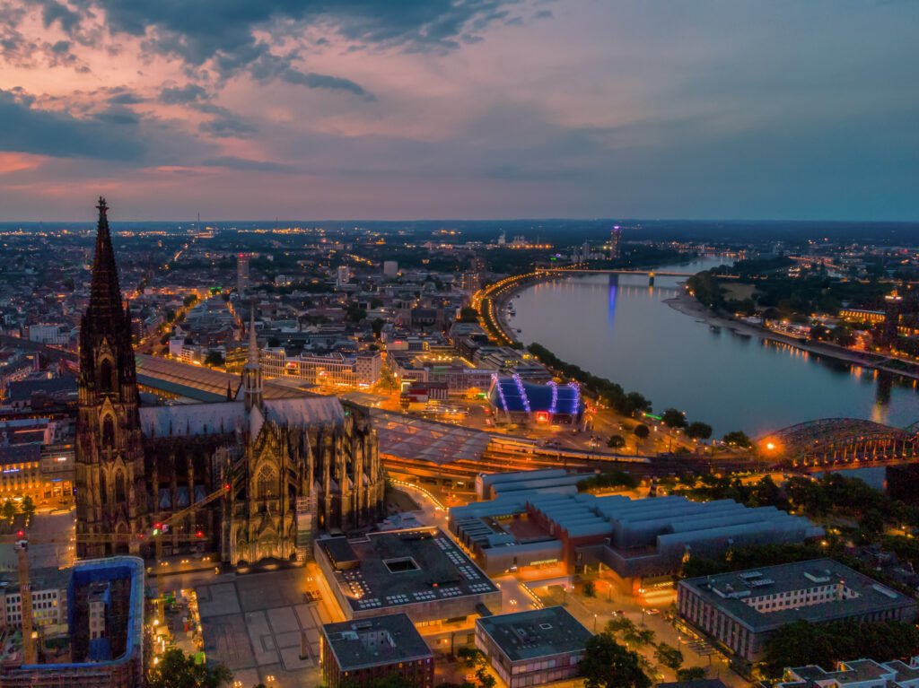 Cologne Germany view at the Dom of Cologne aerial drone view over Cologne rhine river Germany Cathedral