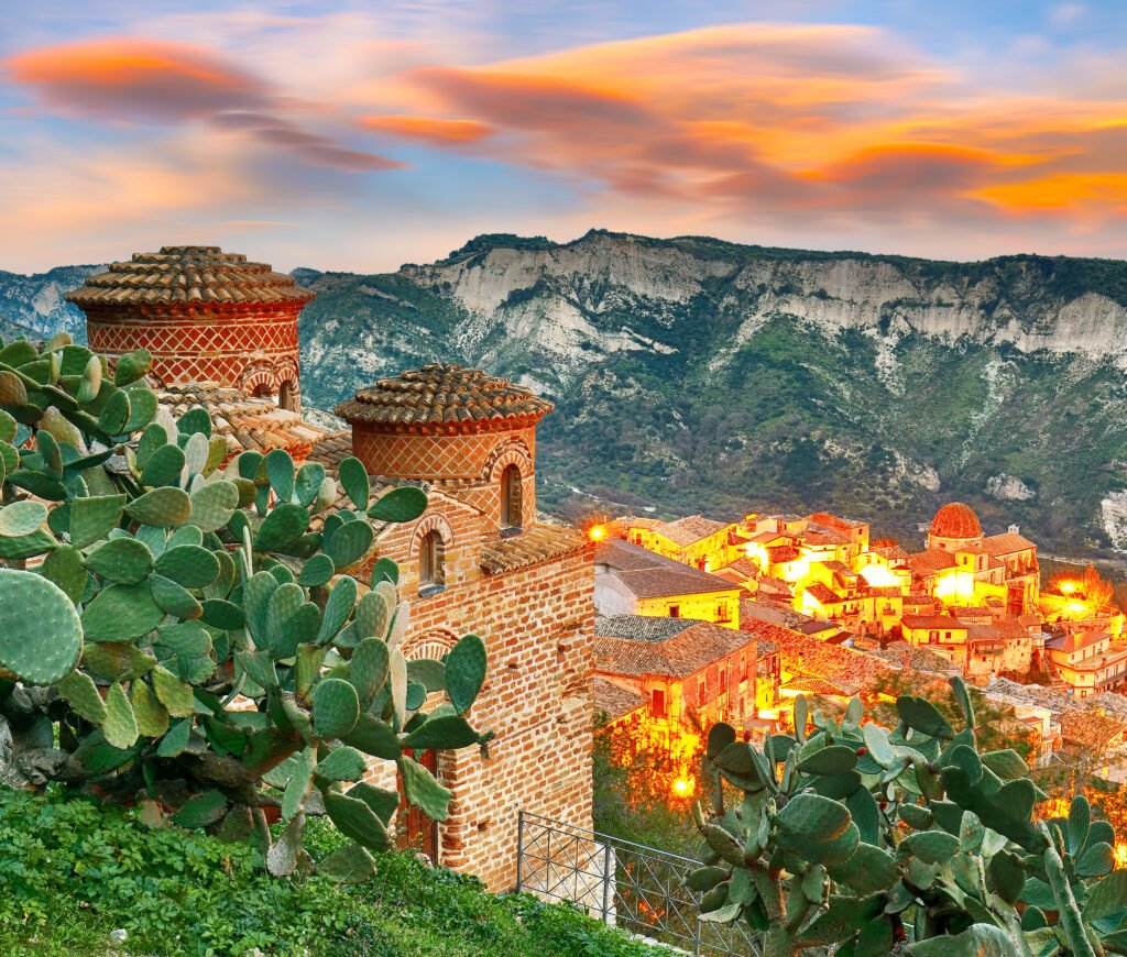 Sunrise over old famous medieval village Stilo in Calabria