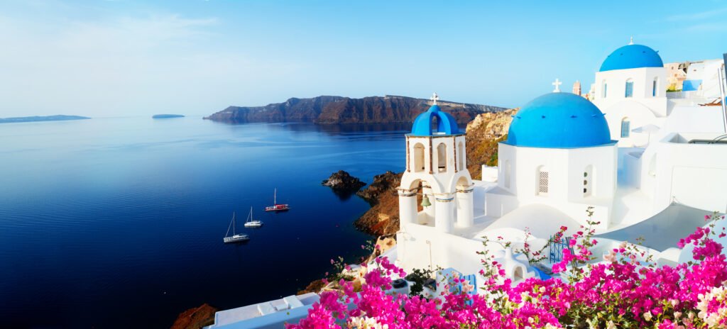 white belfries Santorini island, Greece