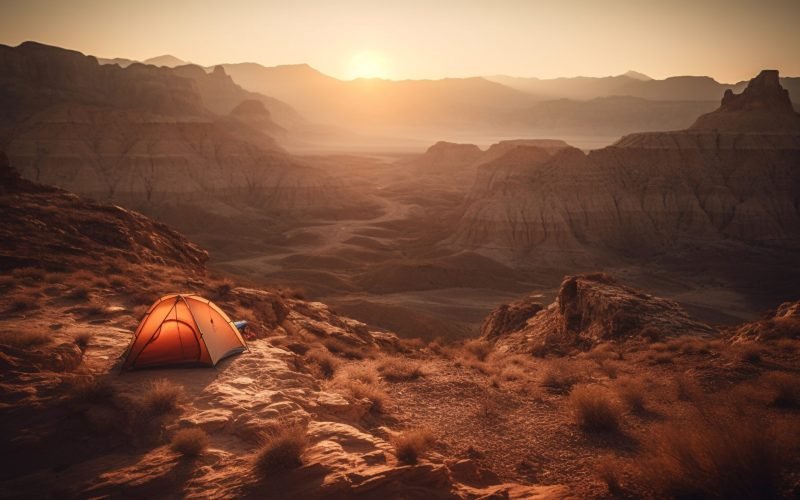 Majestic mountain range, tranquil sunset, camping adventure generated by artificial intelligence