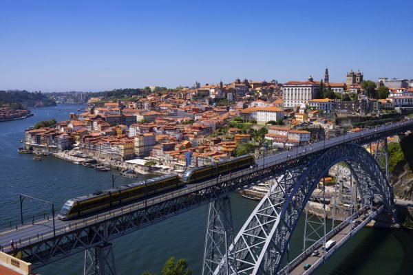 Aerial view of famous bridge in Porto, Portugal