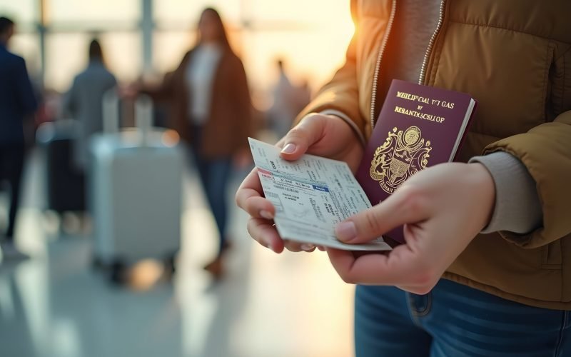 Hands holding passport and plane ticket at airport to go on vacation.